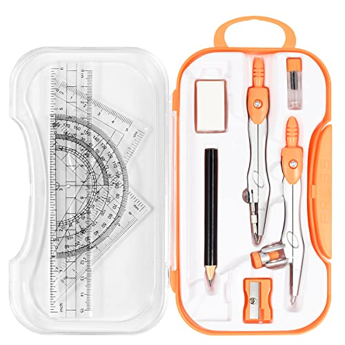 Unjoo Math Geometry Kit Sets 10 Piece Student Supplies with Shatterproof Storage Box,Includes Rulers,Protractor,Compass,Eraser,Pencil Sharpener,Lead Refills,Pencil,for Drafting and Drawings（Orange） - color: Orange