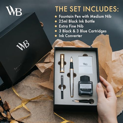Wordsworth & Black Fountain Pen Set,18K Gilded Medium and Extra Fine Nib,25ML Black Ink Bottle,6 Ink Cartridges,Refill Converter,Gift Box,Smooth Writing Pens [Silver Gold],Gift Set for Men and Women - color: Silver Gold