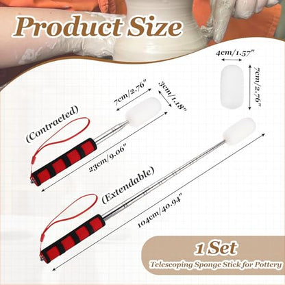 PATIKIL 41" Telescoping Sponge Stick for Pottery, Retractable Ceramic Sponge Tool with 2pcs Head for Removing Excess Water from Tall and Narrow Pottery, White/Red(1.18/1.57"W) - color: White/Red