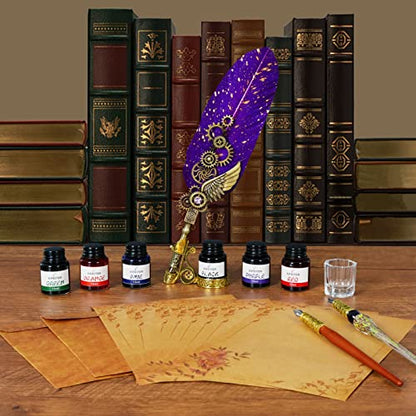 Aifeiter Feather Pen Ink Set, Wax Seal Stamp, Feather Calligraphy Pen, Birthday & (Purple) - color: Purple