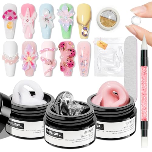 Solid Builder Gel for Nails Clear Nude White 3D Sculpture Nail Art Hard Gel with Chrome Powder for Carving Patterns Decoration Home Manicure DIY for Women - color: Clear&White&Nude