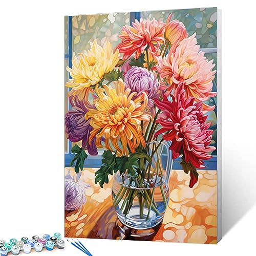 Tucocoo Persian Chrysanthemum in Vase DIY Paint by Numbers for Adults Flowers in Vase DIY Oil Painting Painting Kits Canvas with Acrylic Paints Flowers Floral Art 16x20 Inch （DIY Frame ） - color: Flower in Vase 05, size: 16''x20''(DIY Frame)