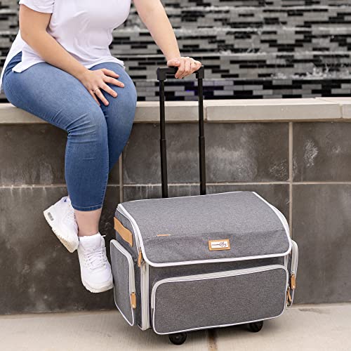 Everything Mary 4 Wheels Collapsible Deluxe Sewing Machine Storage Case - Rolling Trolley Carrying Bag for Brother, Singer - color: Heather Grey