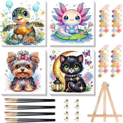 cviokrdu 4 Pack Paint by Numbers Kit for Kids with Frame - Wooden Easel, Animal Paint by Numbers for Kids Ages 4 8 12, Easy Animals Acrylic Oil Painting Kits for Home Wall Decoration 8x8 inch - color: BKH2349-BKH2352
