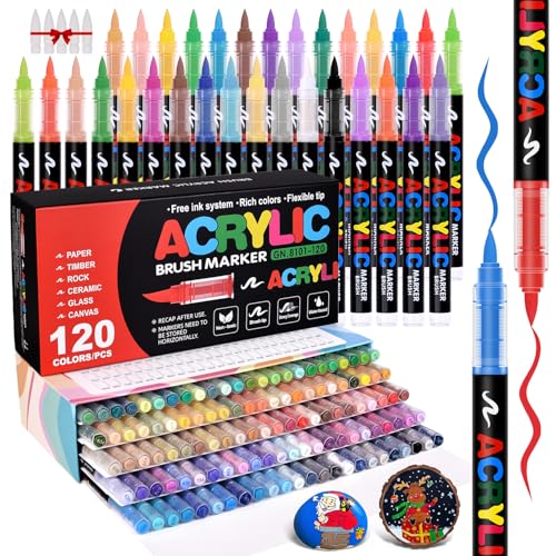 Acrylic Paint Markers Brush Tip 120 Colors, Automatic Ink Control System, Premium Acrylic Paint Pens for Canvas, Rock Painting, Glass, Wood, Ceramic Surfaces, DIY Crafts (Includes Replacement Nibs) - color: 120 Colors