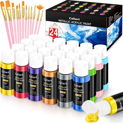 Caliart 24 Metallic Acrylic Paint Set with 12 Brushes | Craft Painting kit for Adults Artists Beginners, Rich Pigment Non-toxic, Canvas Wood Rock Pumpkin Ceramic Art Supplies Paint - color: Metallic, size: 2 Fl Oz (Pack of 24)