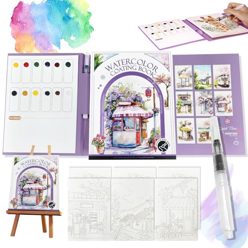 2026 New Creative Stress Relief Kit Watercolor Painting Book,3-Fold Water Color Pad,Mini Watercolor Workbook Travel Set for Beginners and Enthusiasts (Street Scene) - color: Street scene