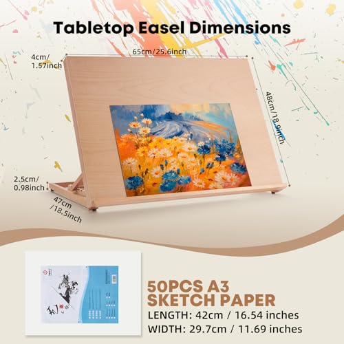 A2 Wooden Tabletop Easel for Painting, 25.6" x 18.9" | Adjustable 5-Position Table Top Easel for Painting, Desktop Artist Painting Easel with A3 Sketch Paper for Adults, Students - size: A2(25.6"x18.9")