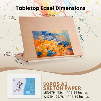A2 Wooden Tabletop Easel for Painting, 25.6" x 18.9" | Adjustable 5-Position Table Top Easel for Painting, Desktop Artist Painting Easel with A3 Sketch Paper for Adults, Students - size: A2(25.6"x18.9")