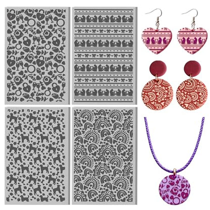 CHGCRAFT 4 Sheets Cat Clay Texture Mat Love Heart Pattern Polymer Clay Texture Sheets Valentine's Day DIY Tools for Pottery Earring Jewelry Making Stamp Engraving Machines, 3.9x2.6inch - style: Valentine's Day