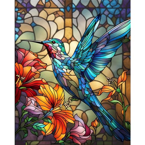 xackcme Hummingbird Paint by Numbers for Adults - Stained Glass Paint by Number on Canvas Without Frame, DIY Bird Oil Painting for Gift Home Wall Decor (16x20 inch) - color: MT12892