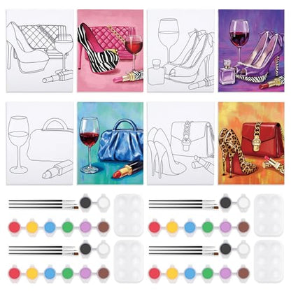 VOCHIC 4 Pack Sip and Paint Kit for Adults,Pre Drawn Canvas for Painting Party Supplies Girls Night Games Couples Paint Art Set Fashion Accessories 8x10 in - size: 8x10, style: Fashion Accessories