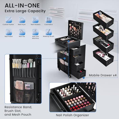 Joligrace Rolling Manicure Table with Pedicure Chair 4 Drawers Rolling Makeup Case Foldable Nail Desk Cosmetology Case on Wheels Brush Pouch Mirror Nail Kits Technician Workstation Artist Trolley