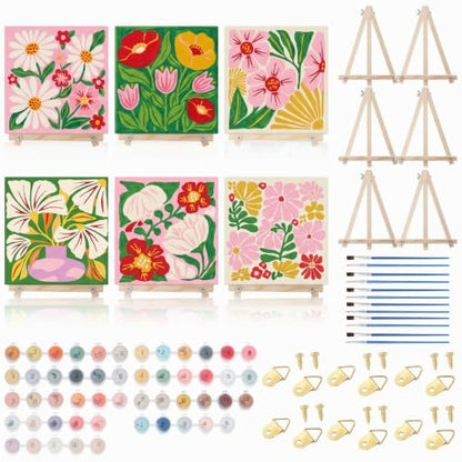 YooNotee 6 Pack Flowers Paint by Numbers Kit on Canvas with Wooden Easels & Brushes, 8x8 Inch Canvas Art Set for Adults DIY Flowers Acrylic Painting for Home Wall Decor - style: Flower
