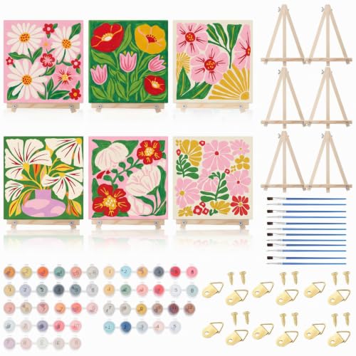 YooNotee 6 Pack Flowers Paint by Numbers Kit on Canvas with Wooden Easels & Brushes, 8x8 Inch Canvas Art Set for Adults DIY Flowers Acrylic Painting for Home Wall Decor - style: Flower