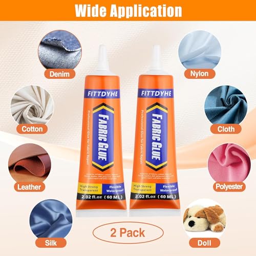 2 Pack Fabric Glue Permanent, 60ML/2.02oz Washable Clear Clothing Glue, Super Fabric Adhesive for Rhinestones, Patches, Clothes, Denim, Leather, Polyester, Fabrics, Doll Repair, Flannel, Cotton - size: 2 count