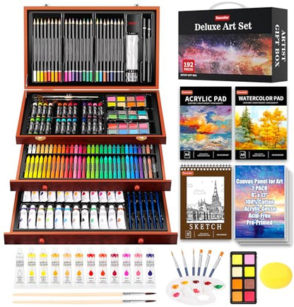 Soucolor Art Supplies, 192-Pack Deluxe Art Set Drawing Painting Supplies Kit with Acrylic Pad, Watercolor Pad, Sketch Book, Canvases, Acrylic Paint, Crayons, Pencils, Gifts for Artist Adults Teen Kids - color: Brown