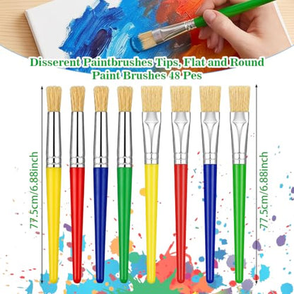 48Pcs Paint Brushes Set, Large Paint Brushes Chubby Brush Set, Easy Clean and Hold Pig Bristle Round and Flat Brush with Colorful Handles for Classroom Acrylic Watercolor Washable Paints