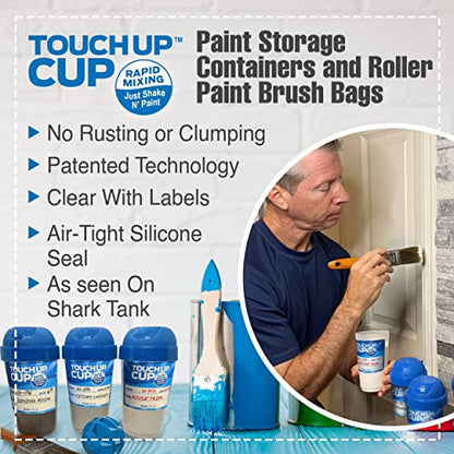 Touch Up Cup Paint Storage Containers and Roller Paint Brush Bag, 3 Plastic Painting Cups with Lids, 6 Bags, As Seen On Shark Tank Products