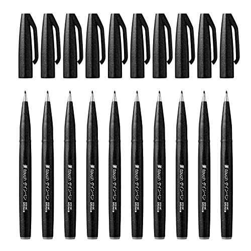 Pentel Brush Sign Pen, 2.0mm tip, Black Ink, 1 Pack of 10 pens - color: Black