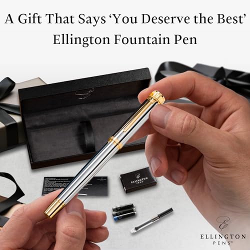 Ellington Pens Luxury Fountain Pen Set - Smooth Medium Nib - Includes 3 Ink Cartridges, Refillable Ink Converter, Gift Box - Fountain Pens For Writing, Calligraphy, Journaling (The Presidential Oath) - color: Silver Horizon, style: Medium