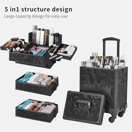 Somduy Rolling Makeup Case, Makeup Train Case with Lid, 5 in 1 Cosmetology Case on Wheels, Christmas Gift, Large Makeup Organizers, Profesional Cosmetic Case for Salon Barber, Pattern Black - color: Pattern Black