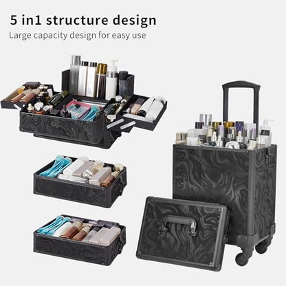 Somduy Rolling Makeup Case, Makeup Train Case with Lid, 5 in 1 Cosmetology Case on Wheels, Christmas Gift, Large Makeup Organizers, Profesional Cosmetic Case for Salon Barber, Pattern Black - color: Pattern Black