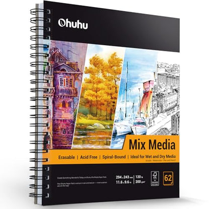 Ohuhu Mix Media Pad, 8.8" x 11.6" Mixed Media Art Sketchbook, 120 LB/200 GSM Heavyweight Papers, 62 Sheets/124 Pages, Spiral Bound Mixed Media Paper Pad for Acrylic, Painting Christmas Gift - size: 8.8" x 11.6"