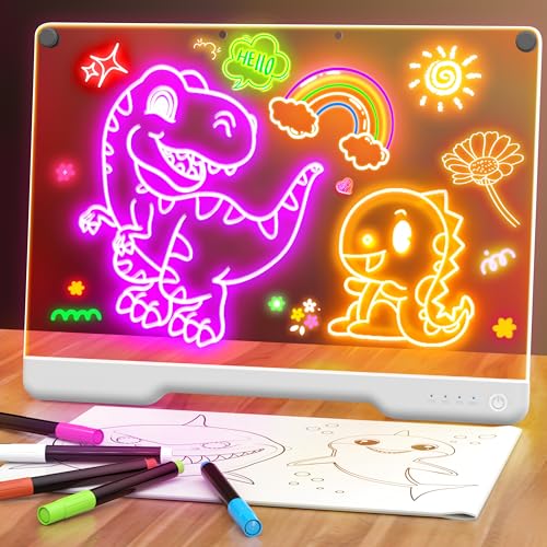 Geokay 16" Rechargeable LED Drawing Board, 9-Color Light Modes, Neon Art Dry Erase Light Up Doodle Glow Pad with Built-in Stand, Sketching Gift Toy for Kids/Girls/Teens, 7 Markers & Tracing Book - color: White