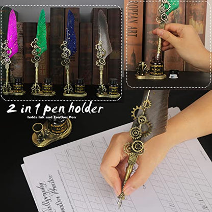 Aifeiter Feather Pen ink Set,Calligraphy Pen Set,Includes:Quill Pen,2 Bottles of Color ink,2 in one Holder,4 Stainless Steel Nibs,Black Gift Box-Grey - color: Grey1