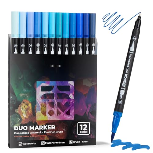 ZSCM Blue Duo Tip Marker Pens, 12 Pack Fine & Brush Markers for Adult Coloring Books No Bleeding, Ocean Blue Markers for Sky & Sea Landscapes, Water Effects, Calming Mandalas and Journaling - color: 12 Blue