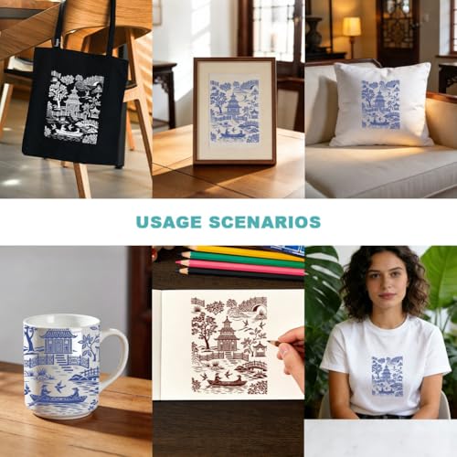 2 Sheets Chinoiserie Silk Screen Stencil, Chinese Garden Pagoda Self-Adhesive Silk Screen Printing Stencils Reusable Mesh Stencil for Painting on Wall, Wood, T-Shirt, Home Craft Decor - style: Chinese landscape