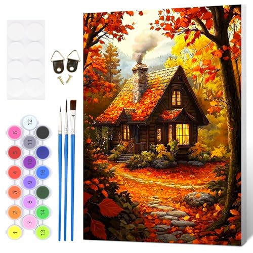 HEIBAGO Framed Paint by Numbers Kit for Adults, Fall Paint by Numbers for Beginner, Landscape Adult Paint by Number Kits on Canvas, Maple leaves painting by numbers for gift home wall decor 12*16 inch - color: Fall,Houses