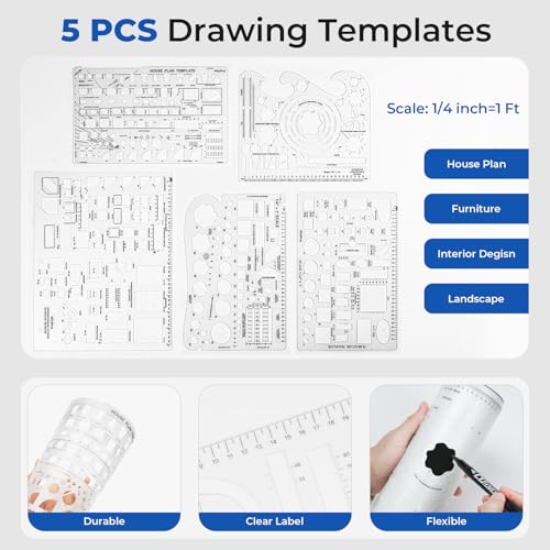 Nicpro 30PCS Professional Drafting Tools & Geometry Set with Case, Architect Protractor Set, Metal Mechanical Pencils, Pen, Scale Ruler Metal Ruler, 5 Drawing Templates for Interior Design House Plan - size: 30 PCS