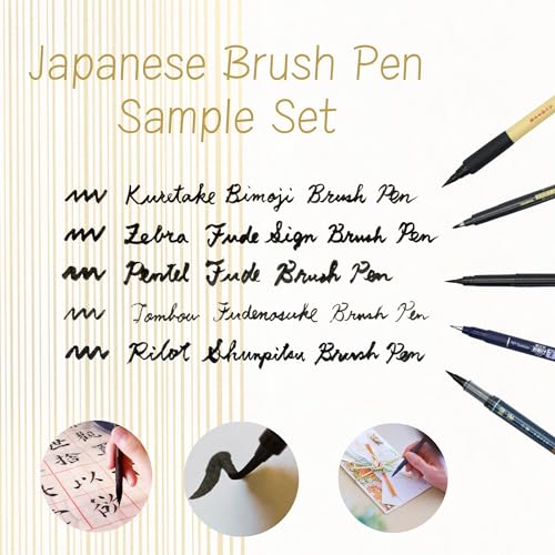 Brush Pen Sampler, Bold Medium Fine, Hard Soft Smooth, Japanese Brush Pen 5-Piece & Ink Testing Card Set