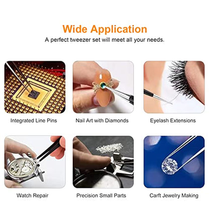 kaverme 9PCS Precision Tweezers Set, Upgraded Anti-Static Stainless Steel of Tweezers, for Electronics, Soldering, Laboratory Work, Jewelry-Making, Model, Craft - style: 9pcs