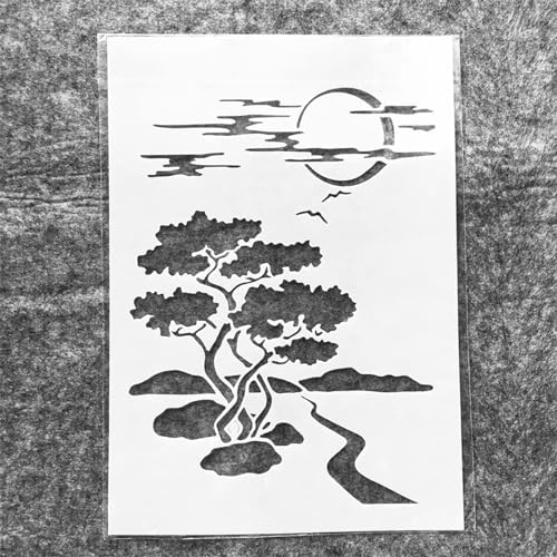 TIAMECH A4 Reusable Night Scene Stencil for Painting | Moon Road Tree Mountain Layering Template, DIY Wall Art, Wood Furniture, Scrapbook & Crafts (8.3x11.7inch) - style: Moon Road