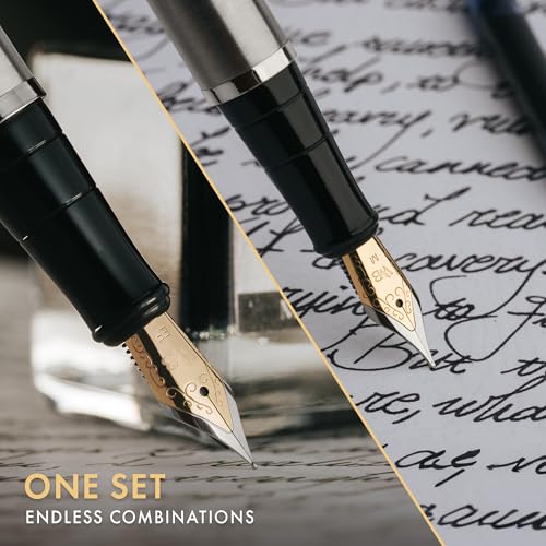 Wordsworth & Black Fountain Pen Set,18K Gilded Medium and Extra Fine Nib,25ML Black Ink Bottle,6 Ink Cartridges,Refill Converter,Gift Box,Smooth Writing Pen [Silver Chrome],Gift Set for Men and Women - color: Silver Chrome