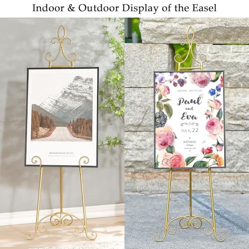 61”H x 20”L x 24”W Metal Extra Large Free Standing Display Stand Easel, Gold Scroll Floor Easel Stand for Sign Wedding Mirror Picture Frame, with Adjustable Chain