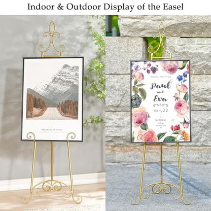 61”H x 20”L x 24”W Metal Extra Large Free Standing Display Stand Easel, Gold Scroll Floor Easel Stand for Sign Wedding Mirror Picture Frame, with Adjustable Chain