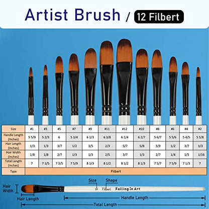 Falling in Art Paint Brushes Set, 12 PCS Nylon Professional Filbert Paint Brushes for Watercolor, Oil Painting, Acrylic, Face Body Nail Art, Crafts, Rock Painting - size: 12 Pcs Filbert Nylon