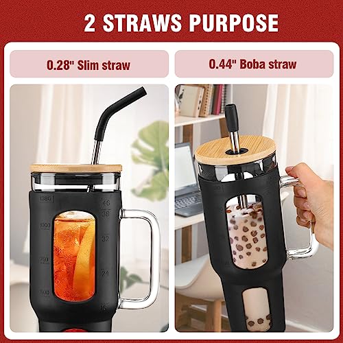 WINSA Glass Tumbler with Lid and Straw, 46 oz Iced Coffee Cup with Handle, Large Water Bottles with Silicone Sleeve, Glass Cup with Straws - Pearl Straw & Drinking Straw BPA Free-Black - color: Black, size: 46 Ounces