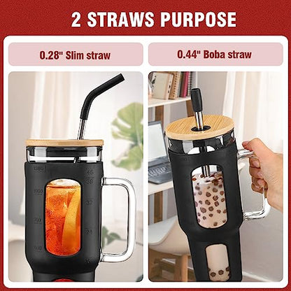 WINSA Glass Tumbler with Lid and Straw, 46 oz Iced Coffee Cup with Handle, Large Water Bottles with Silicone Sleeve, Glass Cup with Straws - Pearl Straw & Drinking Straw BPA Free-Black - color: Black, size: 46 Ounces