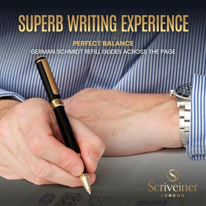 Scriveiner Personalized Black Ballpoint Pen - Stunning Luxury Pen, Jet Black Lacquer, Real Gold Plating, Schmidt Ink Refill, Best Engraved Ball Point Gift Set for Men & Women, Custom Name Engraving - color: 9. Black with Gold (Personalized)