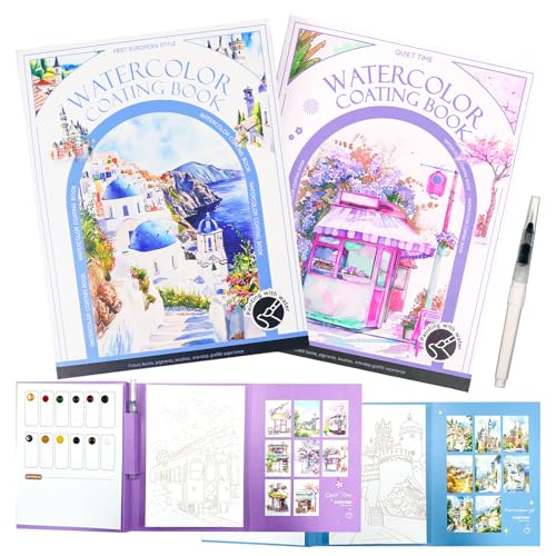Mulyric 2-Pack Watercolor Painting Books for Adults & Beginners - All-in-One Creative Stress Relief Art Kit with 3-Fold Pad, 32 Pre-Printed Pages, 24 Colors & 2 Brushes (European + Serene Scenery) - color: European + Serene Scenery