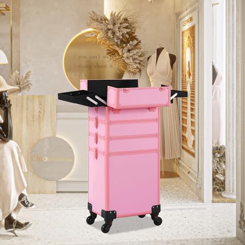 Somduy Makeup Train Case, Rolling Makeup Case with Lid, 5 in 1 Cosmetology Case on Wheels, Christmas Gift, Large Makeup Case Organizers, Profesional Cosmetic Case for Salon Barber, Pink - color: Pink