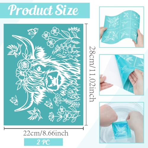 2 Sheets Highland Cow with Floral Silkscreen Stencil, Farmhouse Cow Self-Adhesive Silk Screen Printing Stencils Reusable Mesh Stencil for Painting on Wood, T-Shirt, Home Craft - color: Highland Cow