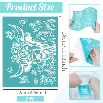 2 Sheets Highland Cow with Floral Silkscreen Stencil, Farmhouse Cow Self-Adhesive Silk Screen Printing Stencils Reusable Mesh Stencil for Painting on Wood, T-Shirt, Home Craft - color: Highland Cow