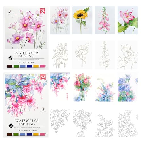 Watercolor Painting Paper Set-Line Draft Water Coloring Books Drawing Painting Art Kit Creative Handmade Watercolor Decorative Painting Includes Brushes and Paints(Flower Series) - color: Flower Series