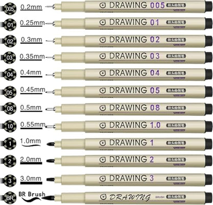 Drawing Pens Micro Fineliner Art Pens: 12 Black Fine Line Markers Art Supplies Adults Artist Sketch Waterproof Archival Ink Watercolor Inking Fine Liner Manga Sketching Zentangle Stuff Micron Pen Set